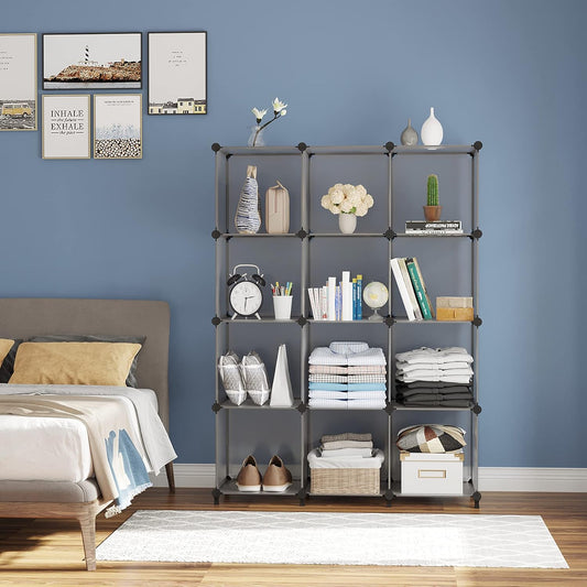Stylish Grey Cube Storage Organizer - 12 Versatile Shelves for Home and Office