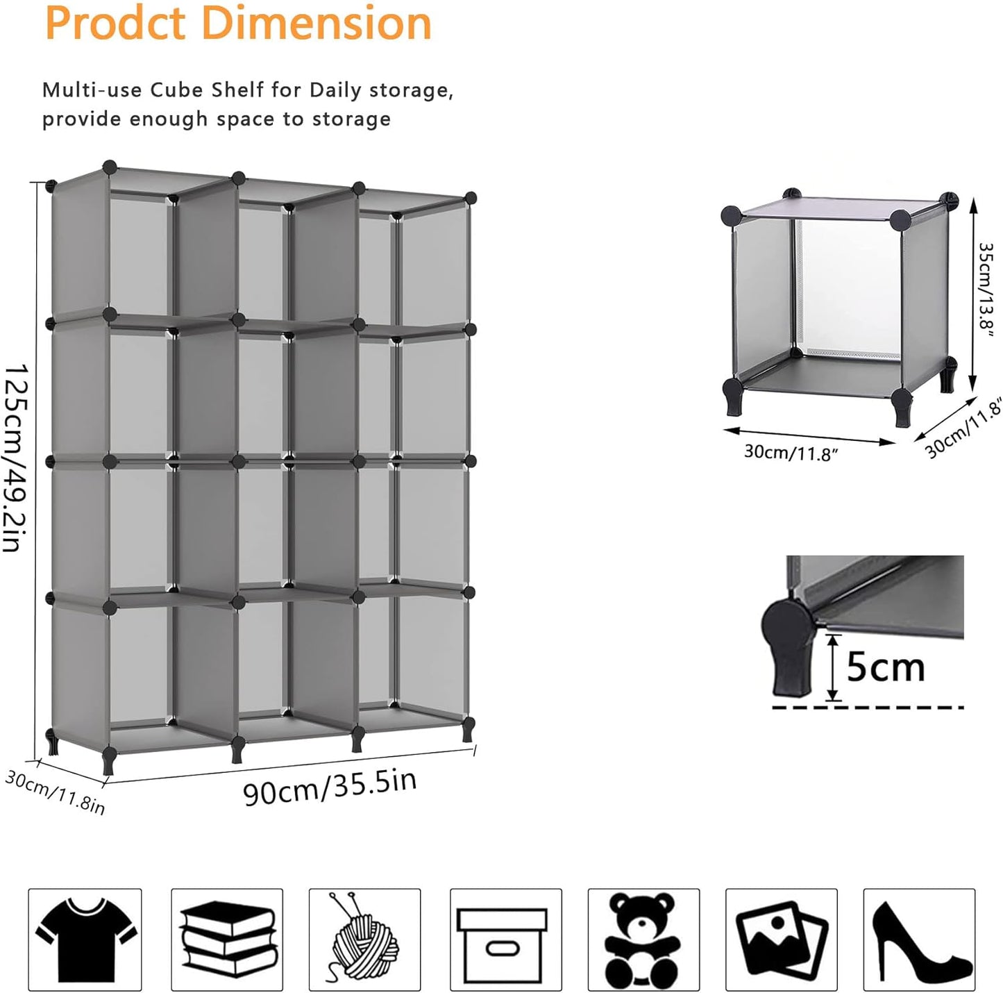 Stylish Grey Cube Storage Organizer - 12 Versatile Shelves for Home and Office