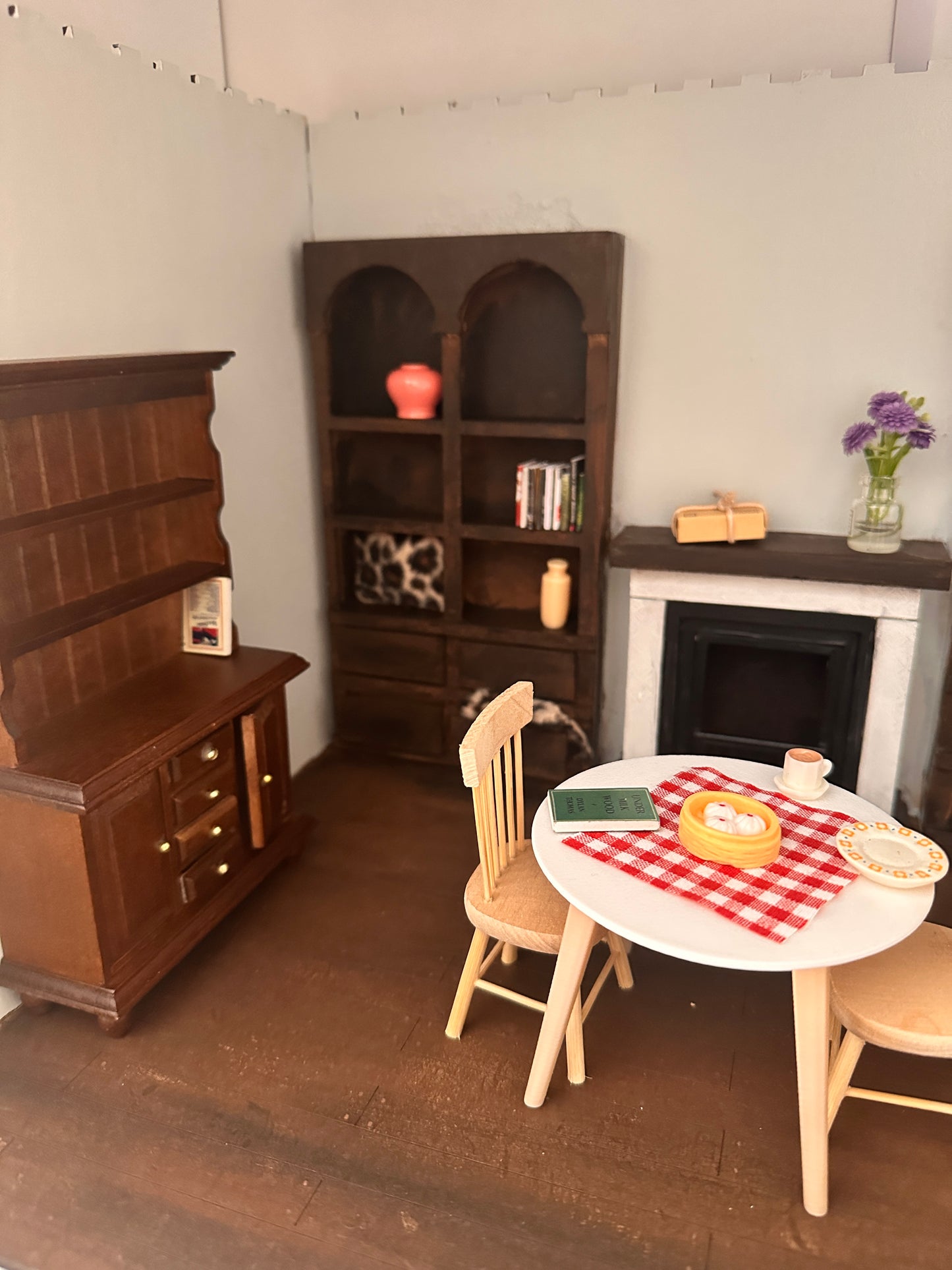 The Luxury Dining Room Package with Built in Fireplace and 2 Bookcases - 1:12 Room Box