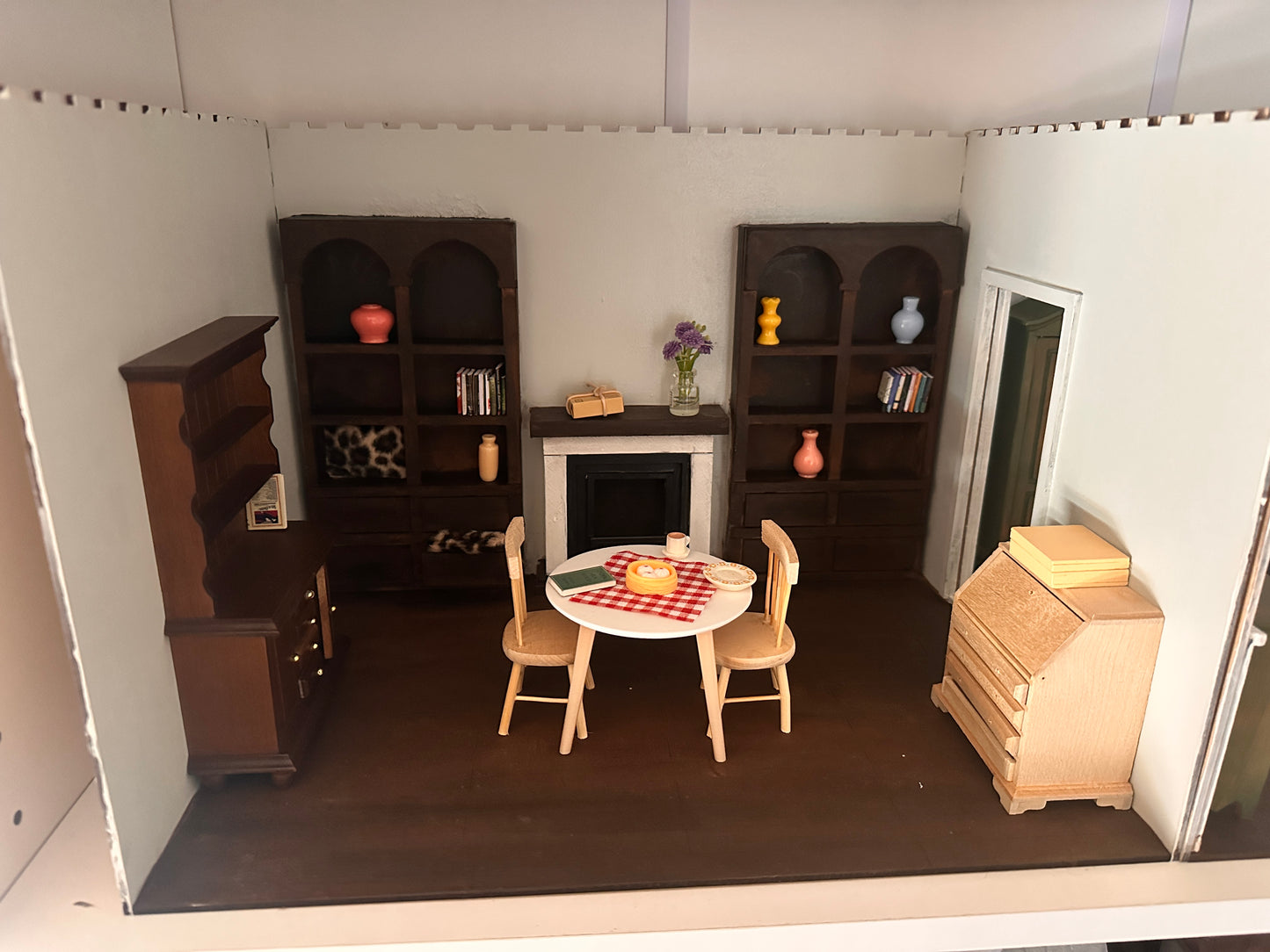 The Luxury Dining Room Package with Built in Fireplace and 2 Bookcases - 1:12 Room Box