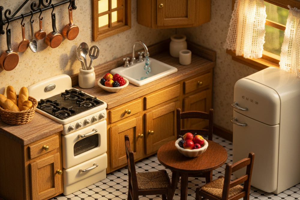 miniature dollhouse scene for kitchen